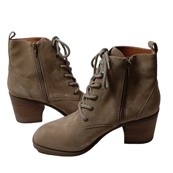 Lucky Brand Wadil Stone Taupe Suede Leather Lace up Combat Ankle Boots Booties - Picture 10 of 11
